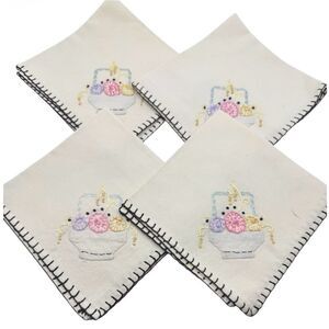 Embroidered Linen Napkins Vintage Easter Basket Embroidery 10 X 10” Set of 4